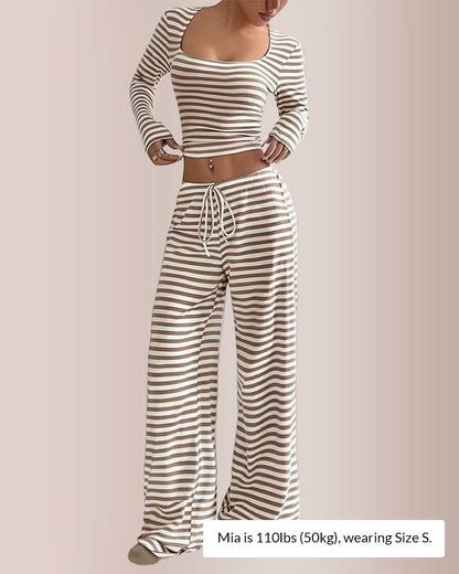 Curvvvy® Women’s Stripe Square Neck Crop Top & Wide Leg Pants Set