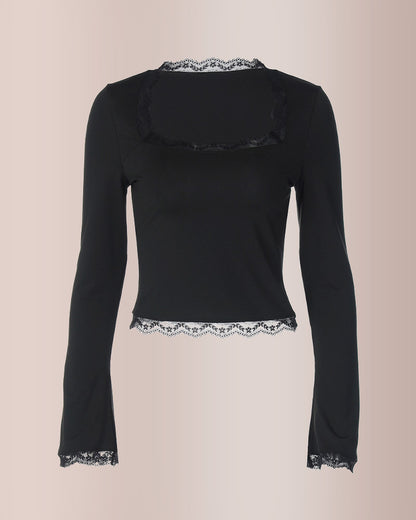 Curvvvy®Y2K Lace Trim Square Neck Fitted Top