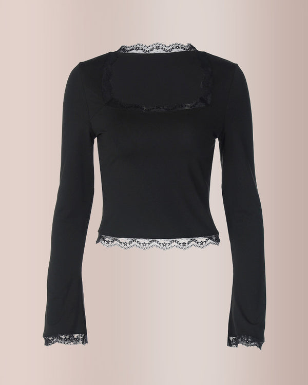 Curvvvy®Y2K Lace Trim Square Neck Fitted Top