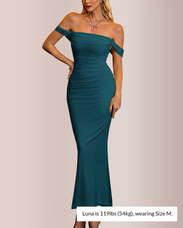 Curvvvy® Ruched Mesh Off-Shoulder Bodycon Maxi Dress