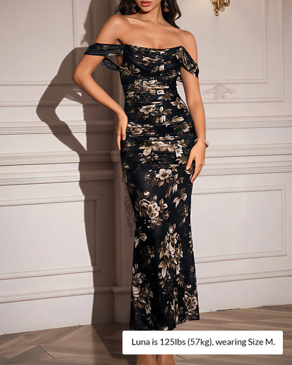 Curvvvy® Floral Mesh Off-Shoulder Ruched Bodycon Maxi Dress