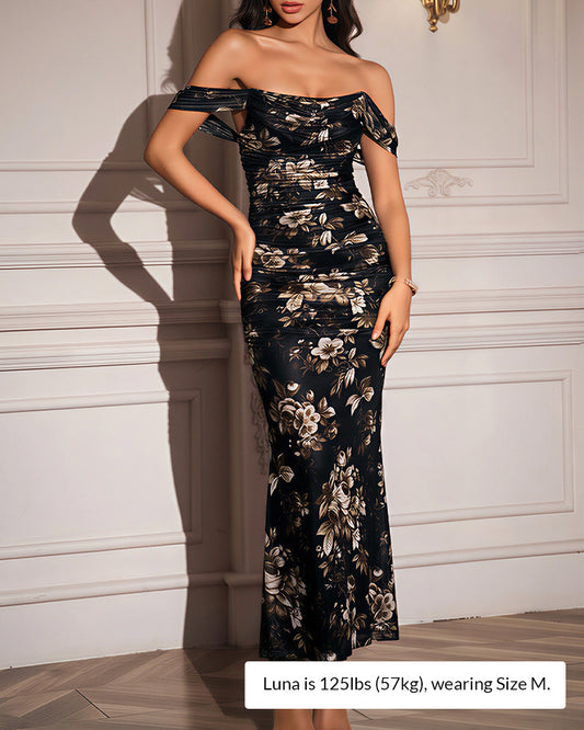 Curvvvy® Floral Mesh Off-Shoulder Ruched Bodycon Maxi Dress