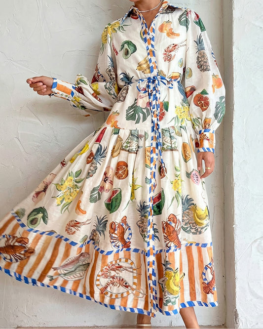 Curvvvy® Coastal Print Lantern Sleeve Maxi Shirt Dress