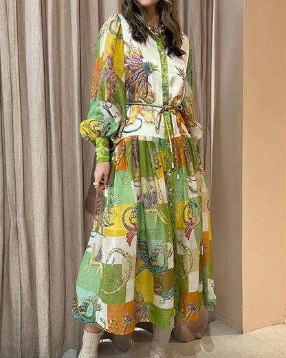 Curvvvy® Coastal Print Lantern Sleeve Maxi Shirt Dress