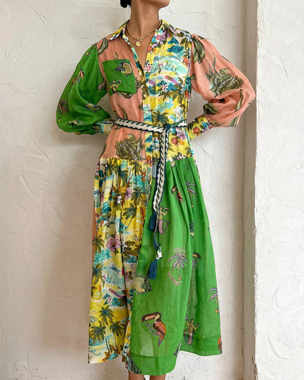 Curvvvy® Coastal Print Lantern Sleeve Maxi Shirt Dress