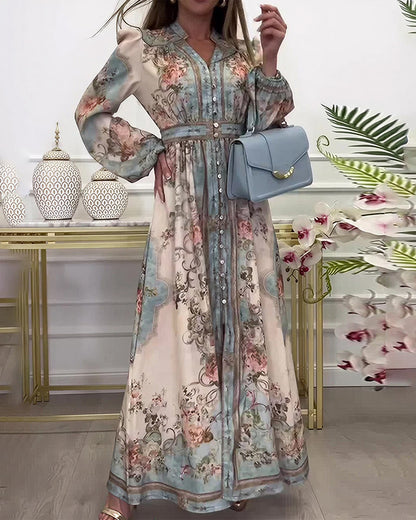 Curvvvy® Baroque Floral Print V-Neck Long Sleeve Maxi Dress