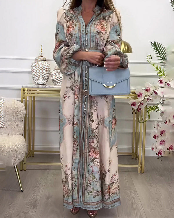 Curvvvy® Baroque Floral Print V-Neck Long Sleeve Maxi Dress
