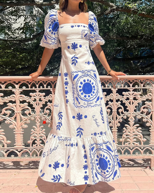 Curvvvy® Square Neck Bubble Sleeve Long Dress