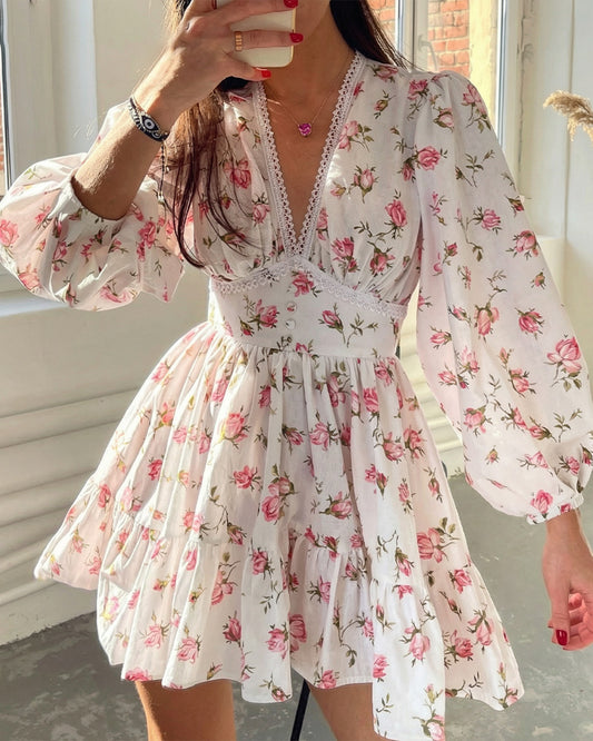 Curvvvy® Deep V-Neck Lace Trim Floral Puff Sleeve Mini Dress