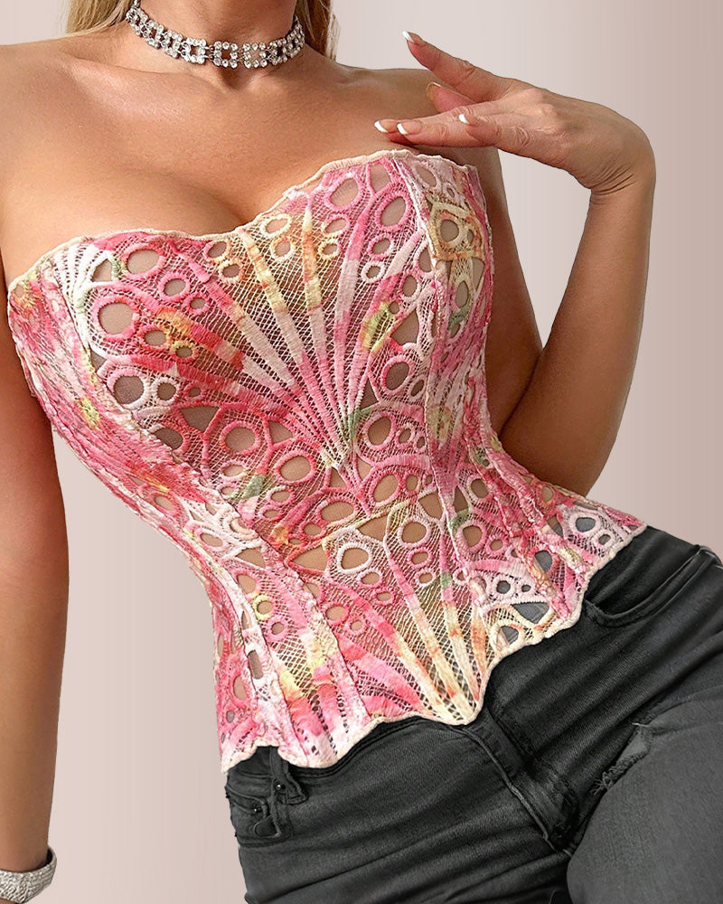 Curvvvy® Vintage Print Lace Corset Top Sheer Mesh Bustier