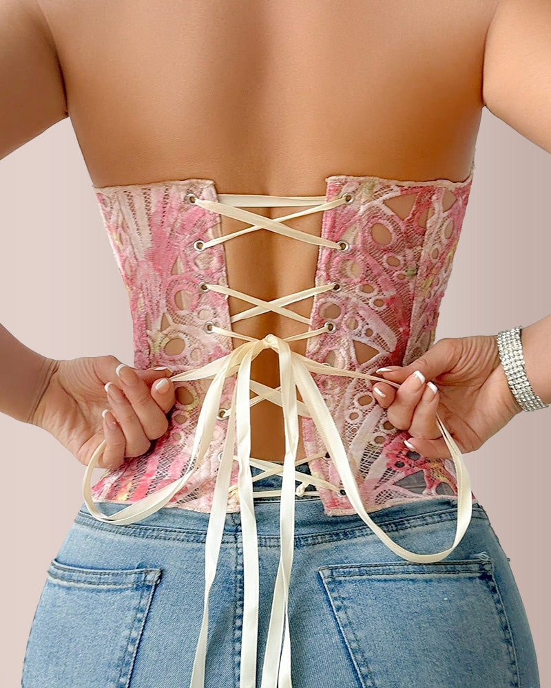 Curvvvy® Vintage Print Lace Corset Top Sheer Mesh Bustier