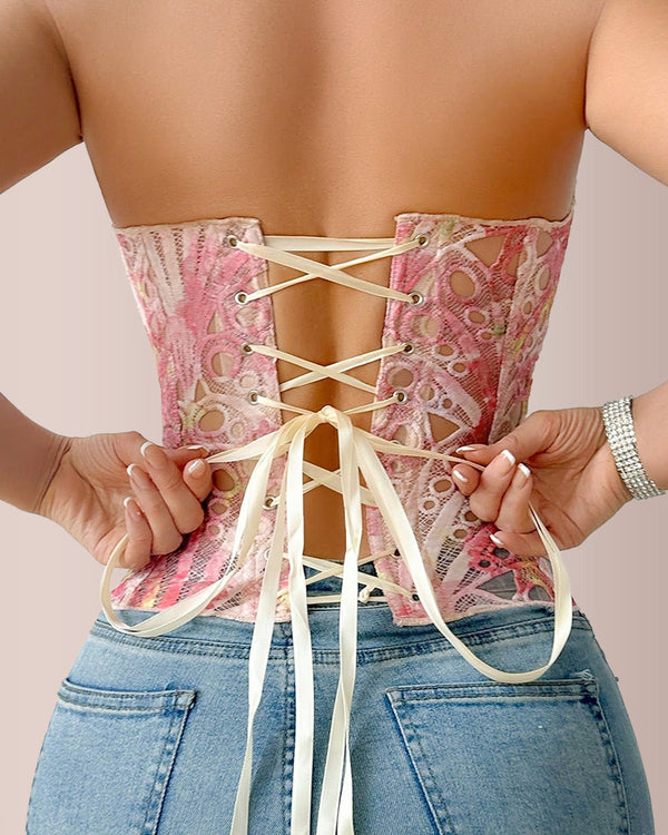 Curvvvy® Vintage Print Lace Corset Top Sheer Mesh Bustier