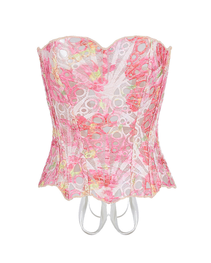 Curvvvy® Vintage Print Lace Corset Top Sheer Mesh Bustier