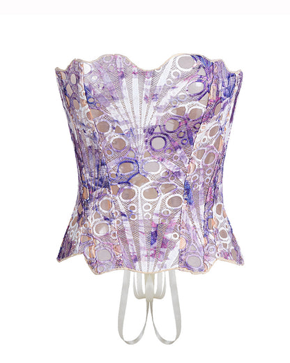 Curvvvy® Vintage Print Lace Corset Top Sheer Mesh Bustier