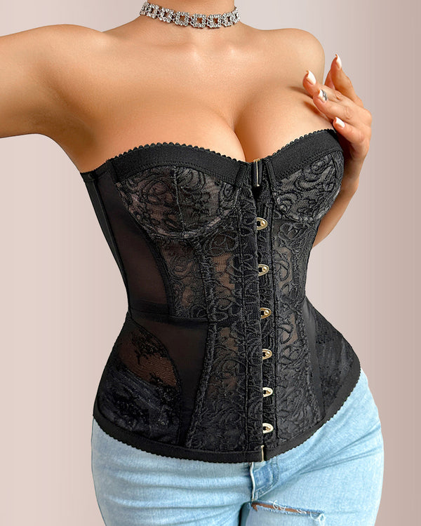 Curvvvy® Black Floral Lace Strapless Corset Bustier Top