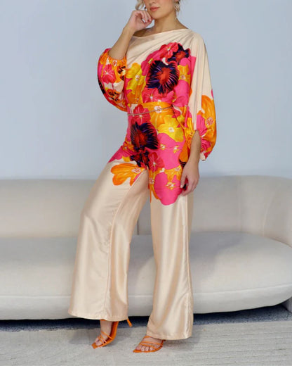 Curvvvy® Fashion Print Satin 2 Piece Sets Women Casual Lantern Sleeve Off