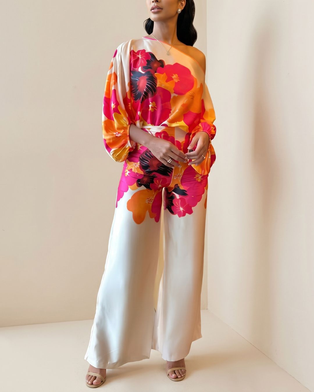 Curvvvy® Fashion Print Satin 2 Piece Sets Women Casual Lantern Sleeve Off