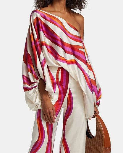 Curvvvy® Fashion Print Satin 2 Piece Sets Women Casual Lantern Sleeve Off