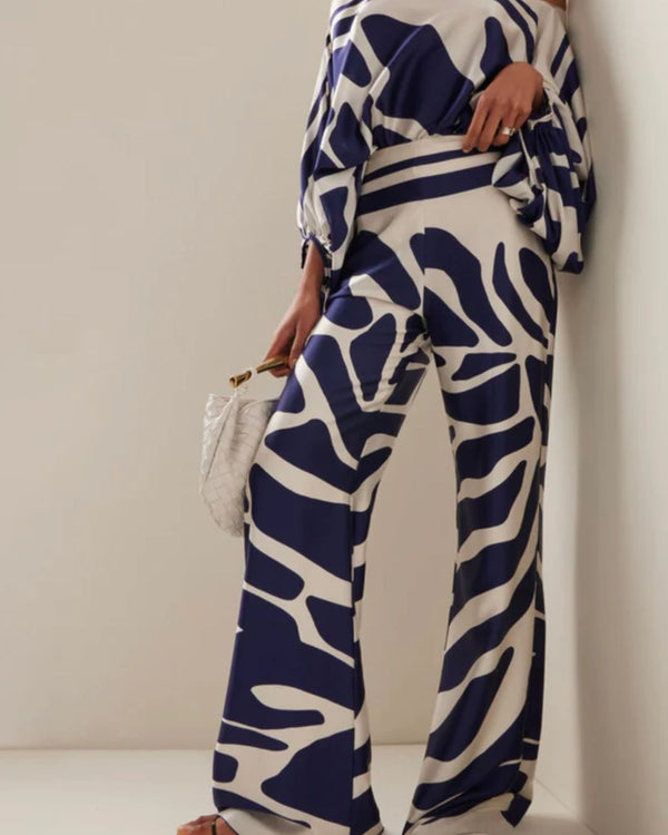 Curvvvy® Fashion Print Satin 2 Piece Sets Women Casual Lantern Sleeve Off