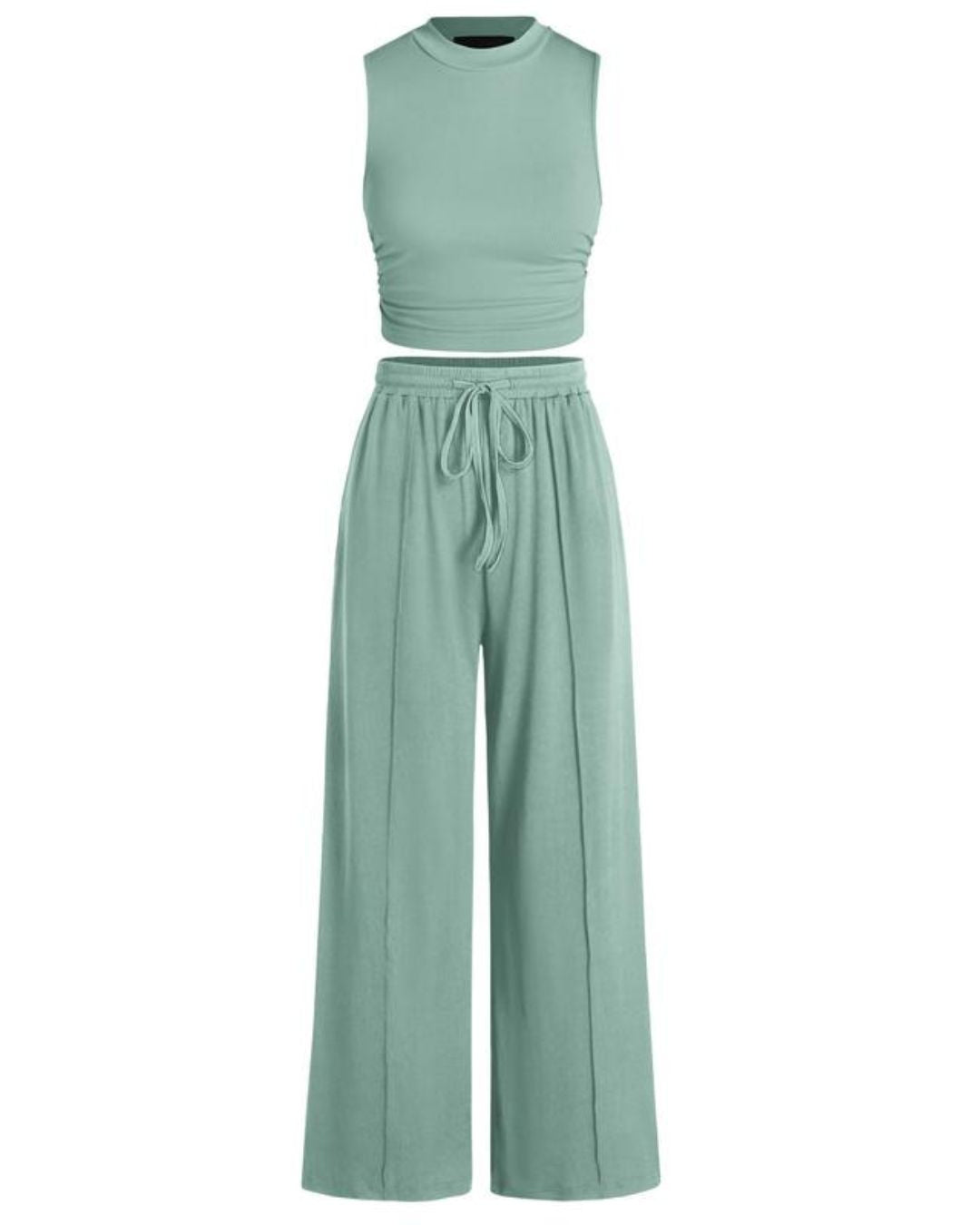 Curvvvy® Ribbed Knit Crew Neck Sleeveless Cropped Top & Wide Leg Pants Lounge Set