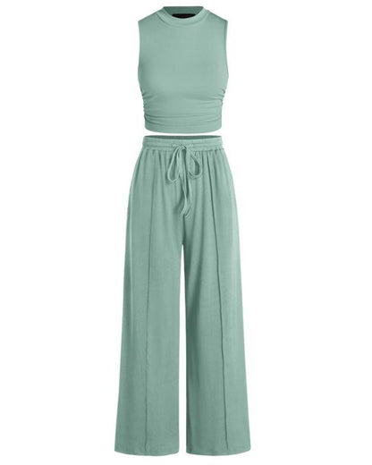 Curvvvy® Ribbed Knit Crew Neck Sleeveless Cropped Top & Wide Leg Pants Lounge Set