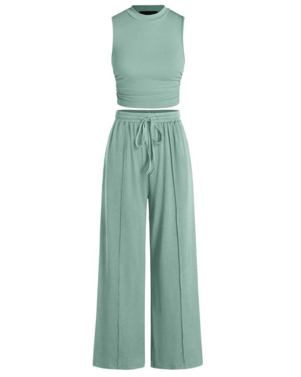 Curvvvy® Ribbed Knit Crew Neck Sleeveless Cropped Top & Wide Leg Pants Lounge Set