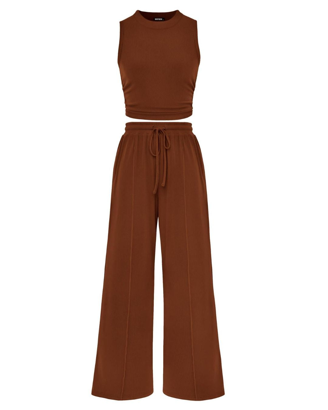 Curvvvy® Ribbed Knit Crew Neck Sleeveless Cropped Top & Wide Leg Pants Lounge Set