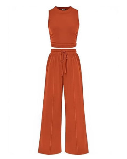 Curvvvy® Ribbed Knit Crew Neck Sleeveless Cropped Top & Wide Leg Pants Lounge Set