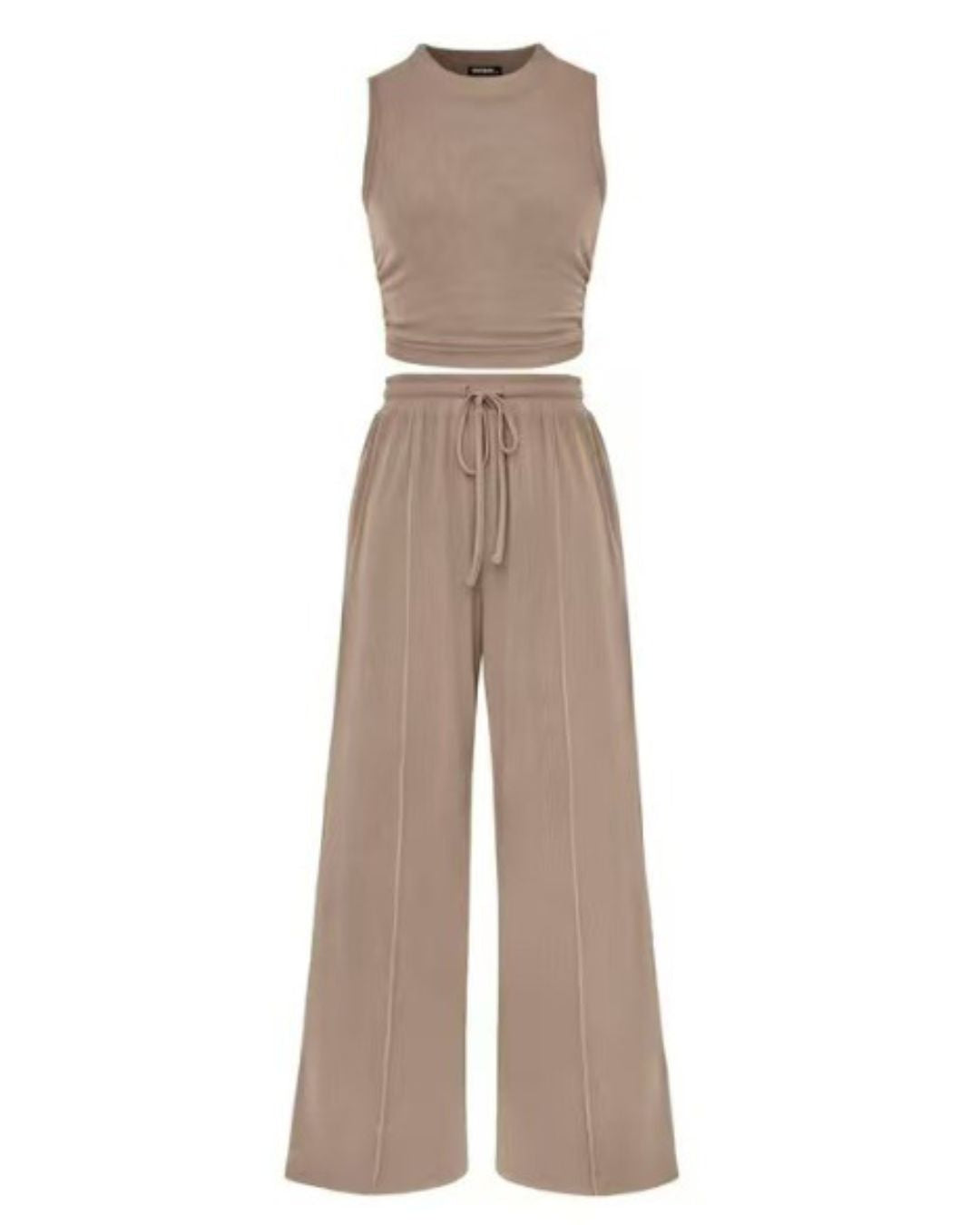Curvvvy® Ribbed Knit Crew Neck Sleeveless Cropped Top & Wide Leg Pants Lounge Set