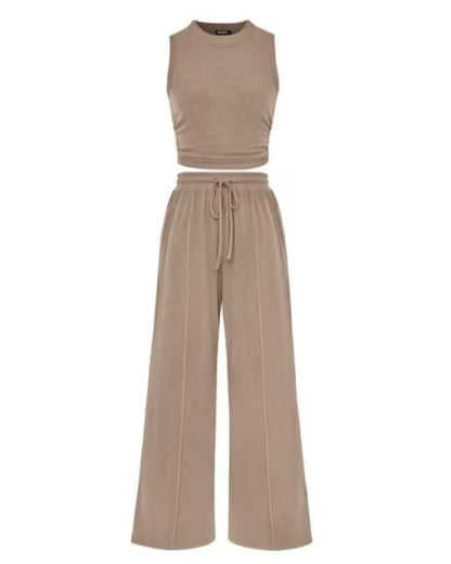 Curvvvy® Ribbed Knit Crew Neck Sleeveless Cropped Top & Wide Leg Pants Lounge Set