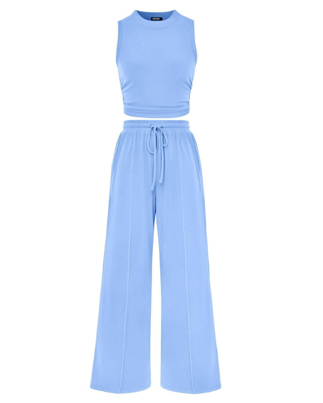 Curvvvy® Ribbed Knit Crew Neck Sleeveless Cropped Top & Wide Leg Pants Lounge Set
