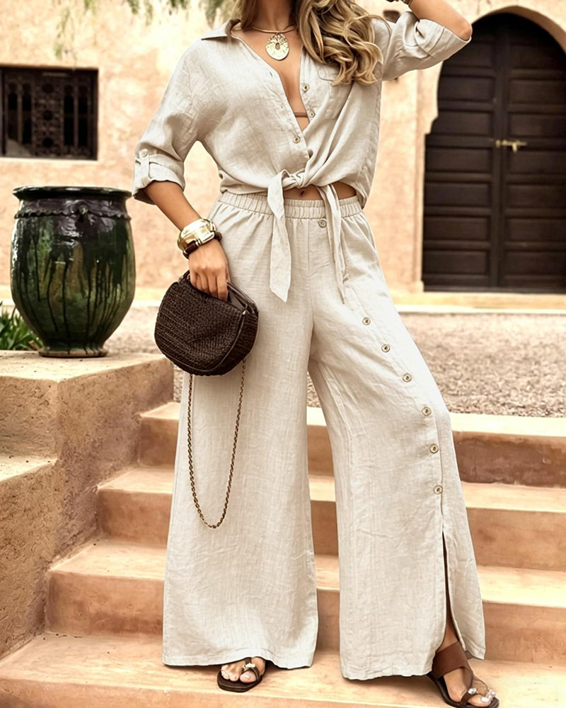 Curvvvy® Linen-Blend Tie-Front Top & Wide Leg Pants Set
