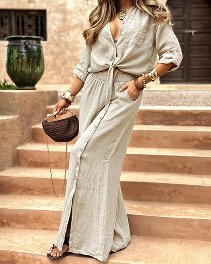Curvvvy® Linen-Blend Tie-Front Top & Wide Leg Pants Set