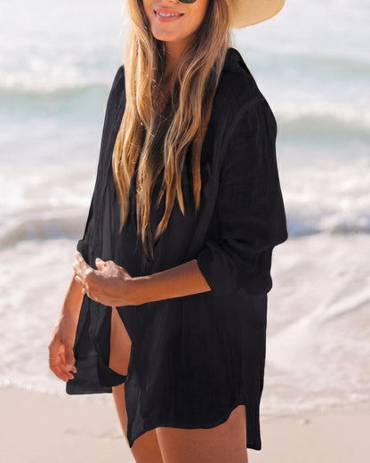 Curvvvy® Casual Style Semi-sheer Button Front Long Sleeve Pocket Shirt Cover Up