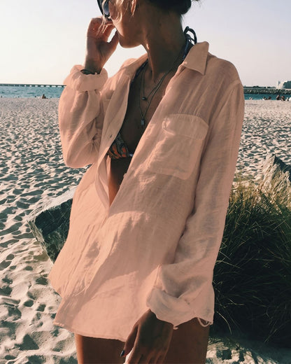 Curvvvy® Casual Style Semi-sheer Button Front Long Sleeve Pocket Shirt Cover Up