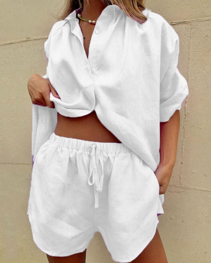 Curvvvy® Casual V-Neck Button Down Shirt and Shorts Set Easy Everyday Summer Two-Piece Outfit