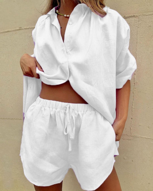 Curvvvy® Casual V-Neck Button Down Shirt and Shorts Set Easy Everyday Summer Two-Piece Outfit