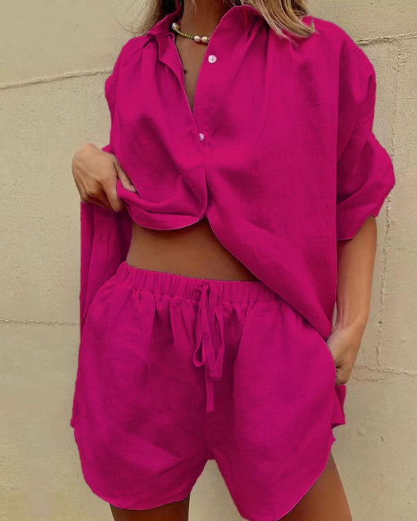 Curvvvy® Casual V-Neck Button Down Shirt and Shorts Set Easy Everyday Summer Two-Piece Outfit
