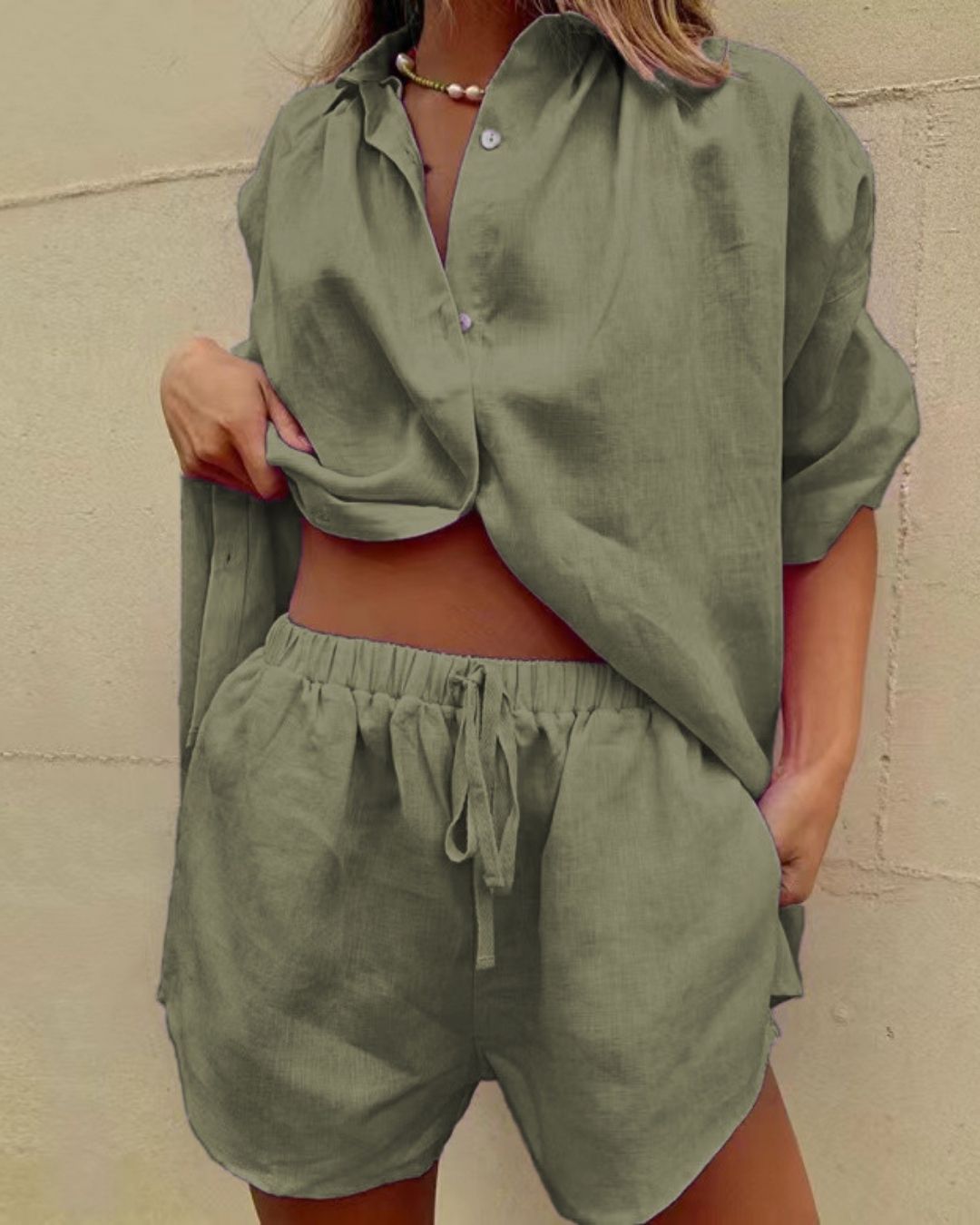Curvvvy® Casual V-Neck Button Down Shirt and Shorts Set Easy Everyday Summer Two-Piece Outfit