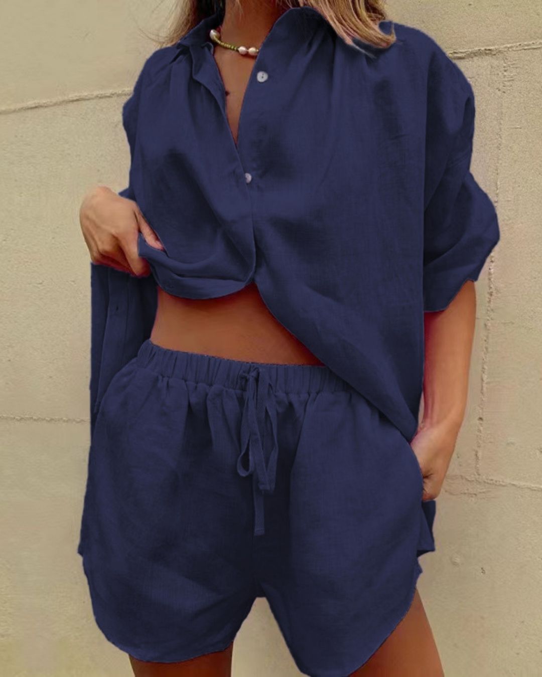 Curvvvy® Casual V-Neck Button Down Shirt and Shorts Set Easy Everyday Summer Two-Piece Outfit