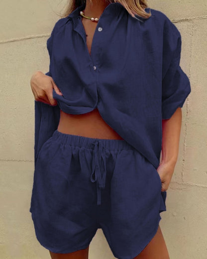 Curvvvy® Casual V-Neck Button Down Shirt and Shorts Set Easy Everyday Summer Two-Piece Outfit