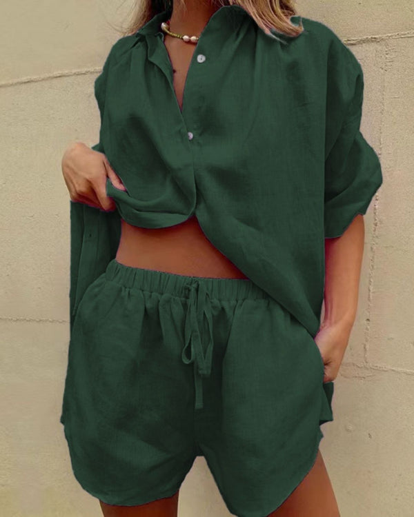 Curvvvy® Casual V-Neck Button Down Shirt and Shorts Set Easy Everyday Summer Two-Piece Outfit