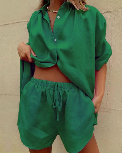 Curvvvy® Casual V-Neck Button Down Shirt and Shorts Set Easy Everyday Summer Two-Piece Outfit