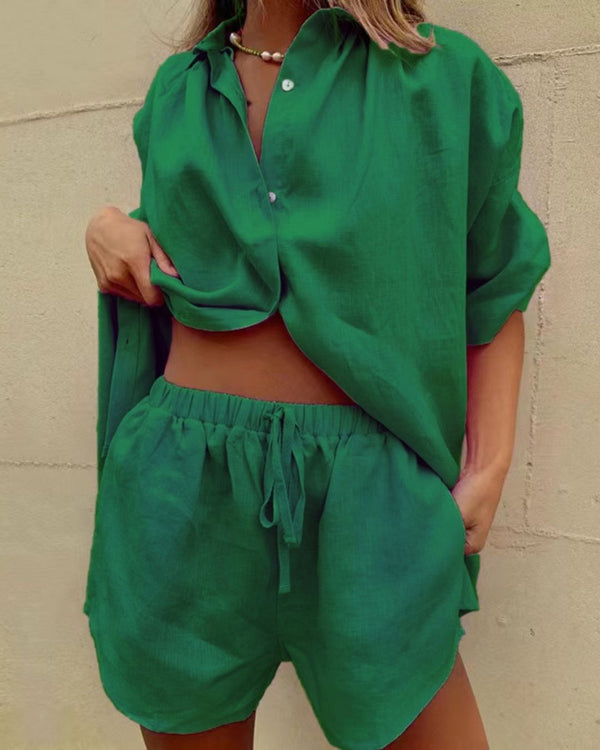 Curvvvy® Casual V-Neck Button Down Shirt and Shorts Set Easy Everyday Summer Two-Piece Outfit