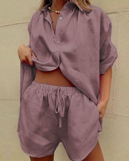 Curvvvy® Casual V-Neck Button Down Shirt and Shorts Set Easy Everyday Summer Two-Piece Outfit