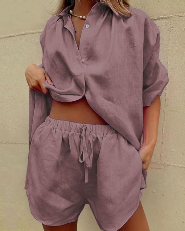Curvvvy® Casual V-Neck Button Down Shirt and Shorts Set Easy Everyday Summer Two-Piece Outfit