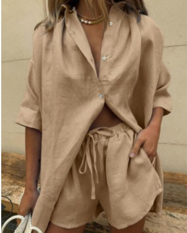 Curvvvy® Casual V-Neck Button Down Shirt and Shorts Set Easy Everyday Summer Two-Piece Outfit