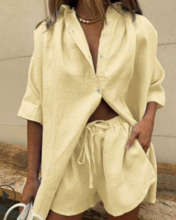 Curvvvy® Casual V-Neck Button Down Shirt and Shorts Set Easy Everyday Summer Two-Piece Outfit