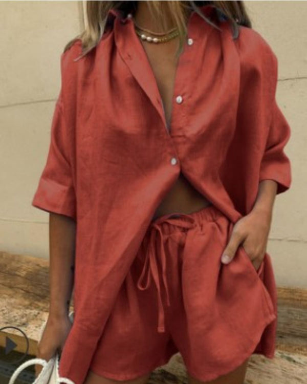 Curvvvy® Casual V-Neck Button Down Shirt and Shorts Set Easy Everyday Summer Two-Piece Outfit