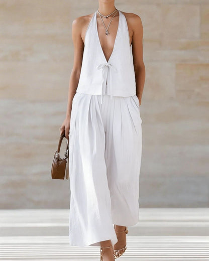 Curvvvy® Sleeveless Vest & Wide-Leg Pants Set – 2-Piece Lace-Up Outfit